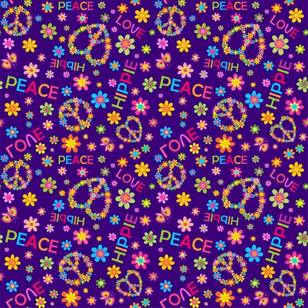嬉皮士紫罗兰色的无缝印刷品 有花朵的力量 嬉皮士的和平符号 蝴蝶和爱情 嬉皮士的文字 — 图库矢量图片#