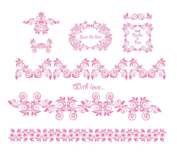 漂亮的粉色花装饰框架 帽子和无缝边框为女婴抵达贺卡 时尚刺绣 书籍装饰或婚礼芭比娃娃风格 第3部分 — 图库矢量图片