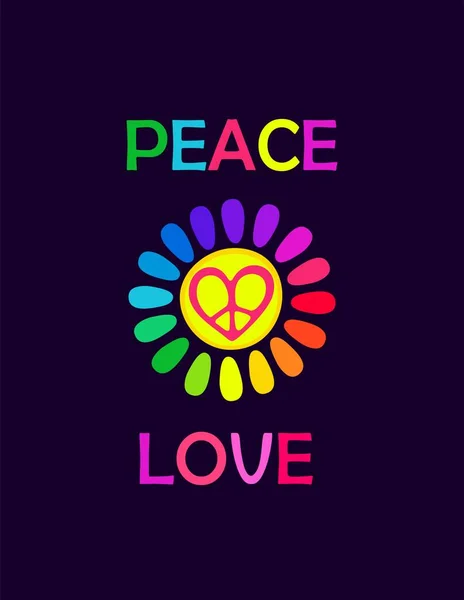 Poster Mit Bunten Gänseblümchen Regenbogenfarben Blütenblätter Hippie Zeichen Herzform Und — Stockvektor