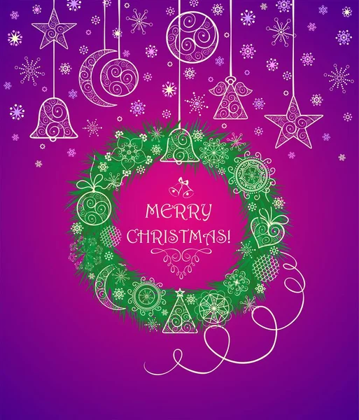 Christmas Wreath Green Conifer Branches Lacy Golden Decoration Violet Background — Stock Vector