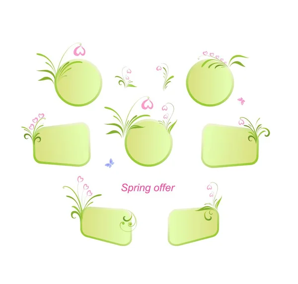 Значки Этикетки Светло Зеленый Типографический Набор Весенней Сезонной Распродажи Розовыми Лицензионные Стоковые Векторы
