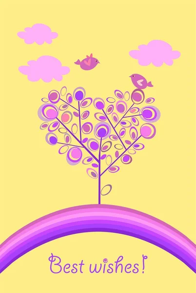 心臓の形をした面白い装飾的な抽象的なライラックの木とサイケデリックなコンセプト 結婚式 誕生日 バレンタインデーの挨拶カードや黄色の背景への招待のための鳥の虹と素敵なペア ロイヤリティフリーストックベクター