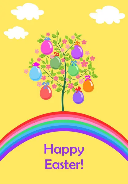 带着滑稽的盛开的樱桃树或挂着彩蛋和彩虹的苹果树的童真贺卡 免版税图库矢量图片