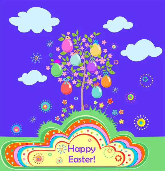 Kindliche Grußkarte Mit Blühendem Kirschbaum Oder Apfelbaum Mit Aufgehängten Bunten Stockillustration