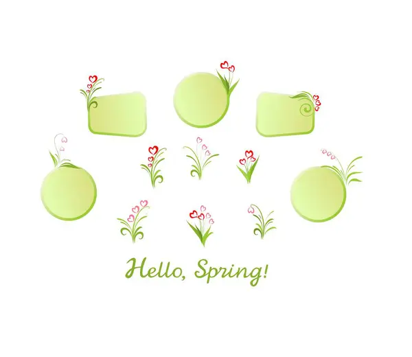 春季季节性销售 徽章或带有粉色和红色蓝铃花及郁金香花束的标签的浅绿色图案套餐 图库矢量图片