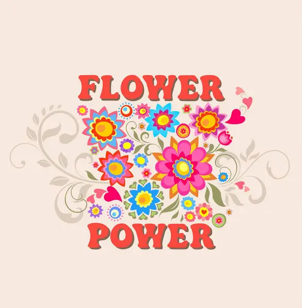 Flower Power Семидесятые Ретро Лозунг Хиппи Красочные Цветы Маргаритки Тюльпан Лицензионные Стоковые Векторы