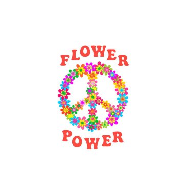 70 'lerin modası geçmiş 60' ların modası geçmiş posterleri, tişörtleri, hippi barış işaretli çanta tasarımları renkli papatyalar ve beyaz arka planda çiçek gücü harfleri.