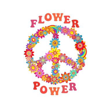 Beyaz arka planda beyaz çiçekli, kelebekli ve çiçekli barış ve aşk tabelası 70 'lerin tipografi sloganı 60' ların modaya uygun poster veya kartı, tişört, çanta tasarımı, moda baskısı