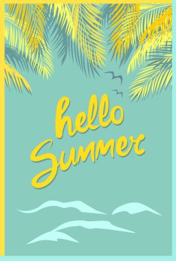 Merhaba yazı harfleri, hindistan cevizi palmiyesi dalları olan dikey poster.