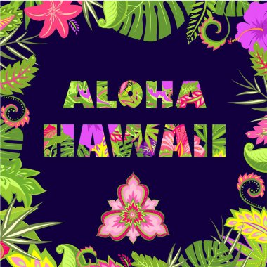 Üzerinde tropik yapraklar ve çiçekler olan Aloha Hawaii harfleri olan gömlek ya da çanta izi.