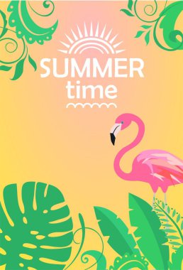 Pembe flamingo, yeşil canavar ve tropikal egzotik yapraklı sarı bir pankart. Yaz Zamanı kavramı, içerik veya metin eklemek için boşluk bırakın