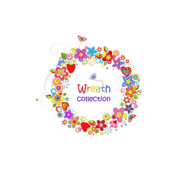 Beyaz arka planda izole edilmiş tebrik kartı için renkli soyut çiçekli, çilekli ve kelebekli komik çelenk koleksiyonu. Bölüm 3