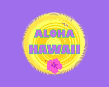 Sıcak sarı güneş ve Aloha Hawaii harfleriyle tipografi menekşesi.