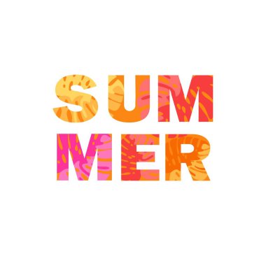 Yazlık harfli moda koleksiyonu. Tişört, çanta tasarımı için canavar yapraklı renkli soyut desenli bölüm 1, beyaz üzerine izole edilmiş poster