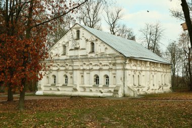 Ortaçağ tarzında güzel bir bina. Şehrin sokaklarında beyaz tuğlalı bir bina. Eski tarz. Güzel çok katlı beyaz tuğla bina