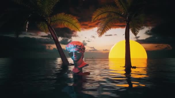 Michelangelo David Statue Sunglasses Sea Sunset Background Palm Trees — Stock Video