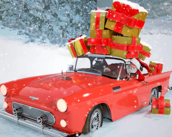 Santa Claus Samochodzie Przynosząc Prezenty Tło Zimowe Śniegiem — Zdjęcie stockowe