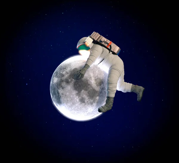 Астронавт Обіймає Місяць Щоб Завоювати Місяць Візуалізація — стокове фото