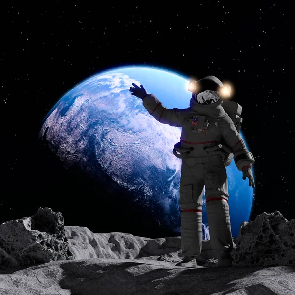 Αστροναύτης Στο Φεγγάρι Και Στο Βάθος Πλανήτης Απόδοση — Φωτογραφία Αρχείου