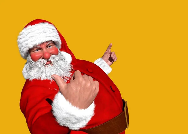 Der Weihnachtsmann Zeigt Mit Der Hand Auf Den Gelben Hintergrund Stockfoto