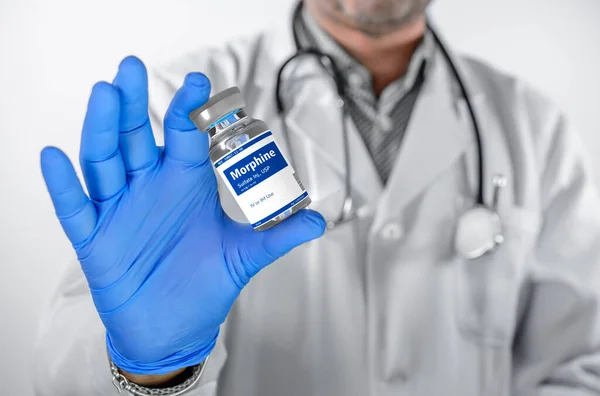 Doctor Holds Bottle Morphine His Hand — Stock Photo, Image