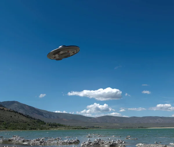 Niezidentyfikowany Obiekt Niebie Ufo Latający Spodek Renderowanie — Zdjęcie stockowe