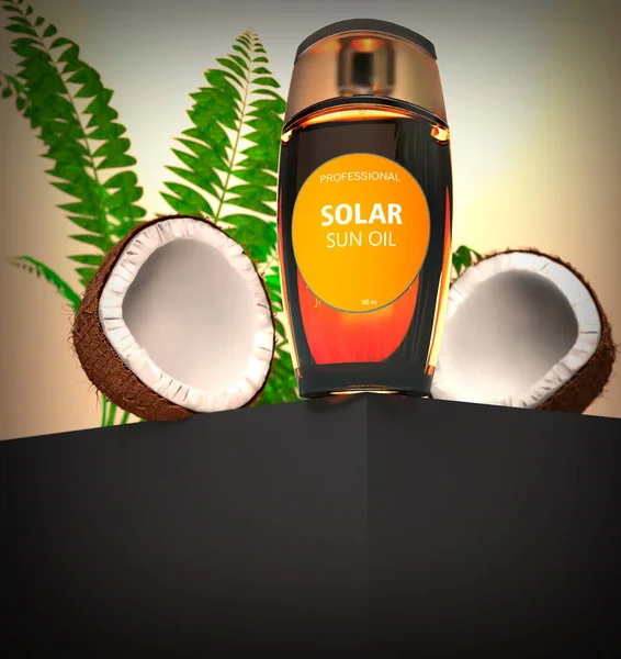 Bottle Coconut Suntan Oil Coconut Palm Background Rendering — Stock Photo, Image