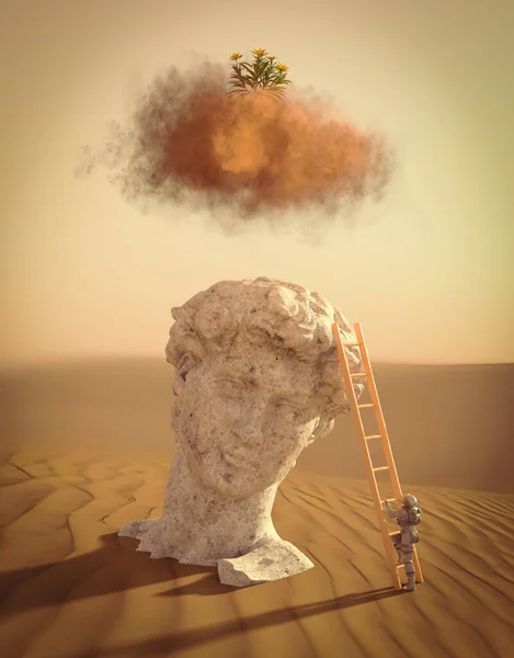 宇宙飛行士は階段を登り 砂漠のミケランジェロによるダビデ像 3Dレンダリング — ストック写真