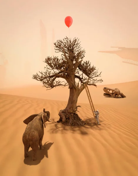 宇航员在梯子上方捕捉红色气球在树上的沙漠 大象看着树 3D渲染 — 图库照片