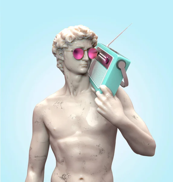 Statua David Michelangelo Con Radio Vintage Occhiali Sole Rendering — Foto Stock