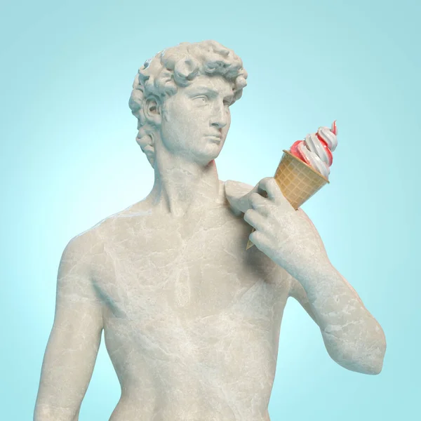 米开朗基罗的大卫雕像和冰淇淋筒3D渲染 — 图库照片