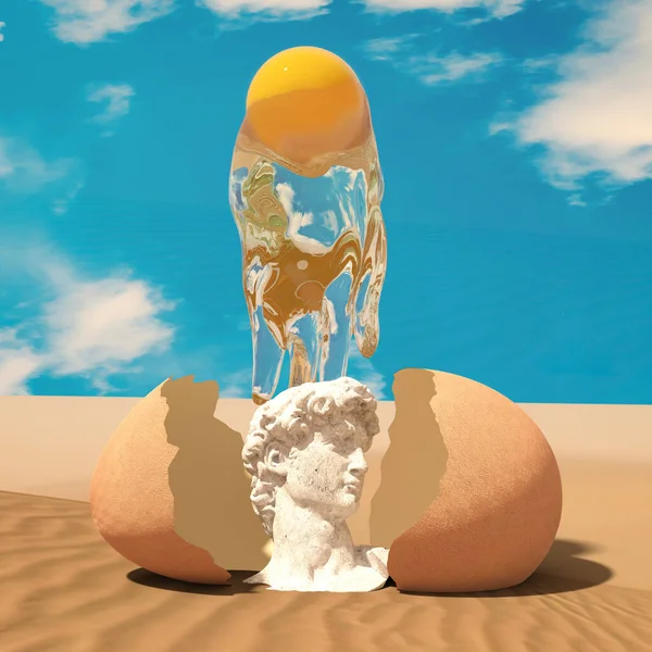 砂漠の真ん中にある像と空に開かれた卵 3Dレンダリング — ストック写真
