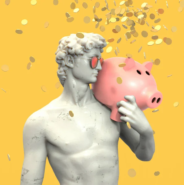Michelangelos Davidstatue Mit Sparschwein Und Münzen — Stockfoto