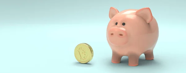 Piggy Bank Golden Bitcoin Rendering — Stock Photo, Image
