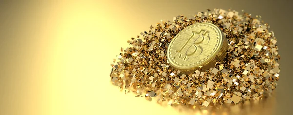 Золотая Монета Символом Биткойна Маленькими Золотыми Квадратами Рендеринг — стоковое фото