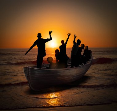 Boat with migrants fleeing the war. 3D rendering clipart