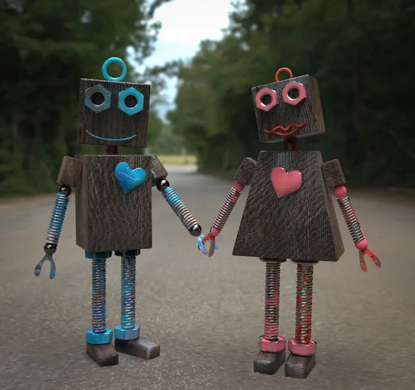 Verliebtes Paar Mit Zwei Alten Robotern Aus Oxidiertem Holz Und — Stockfoto