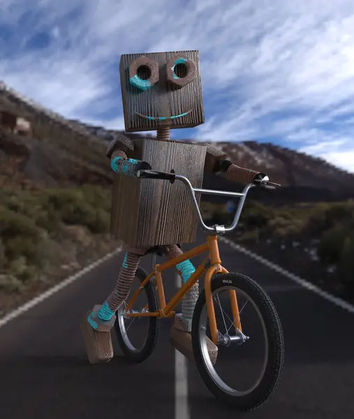 用木头和氧化自行车螺栓制造的老式机器人 图库图片