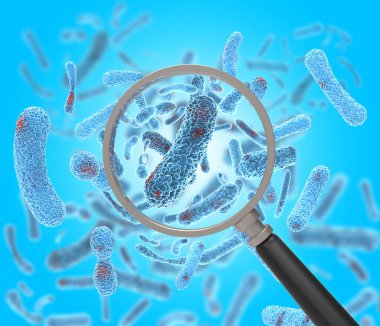 Background of microscopic bacteria seen with magnifying glass. Streptococcal (STSS). 3D rendering clipart