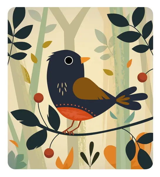枝の上に立っている鳥の装飾的なデザイン — ストックベクタ