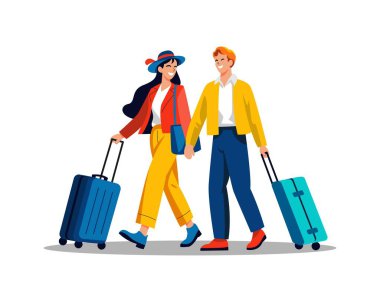 Gülen bir çifti yan yana yürürken resmeden bir çizgi film gezgini. Modern düz tasarımda seyahat eden insanlar konsepti.