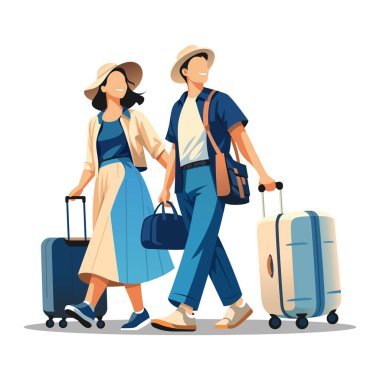 Bir çift modern düz tasarım tarzında tasvir edilir, bavulla yürümek, basit ve temiz bir estetik ile seyahat etmek..