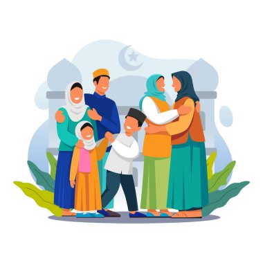 Aile ve arkadaşlar Kurban Bayramı 'nı kutlamak için toplanırken el sıkışıyorlar ve bayram namazından sonra sarılıyorlar. Vektör çizimi. Bayram kutlaması. Mutlu Ramazanlar. İslami düz tasarım.