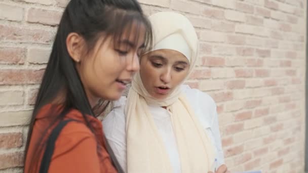 Mujer Asiática Joven Explicando Algo Colega Mientras Estudian Juntos Aire — Vídeos de Stock