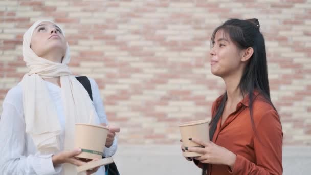 Amigos Femininos Multi Étnicos Desfrutando Tempo Juntos Enquanto Comem Livre — Vídeo de Stock