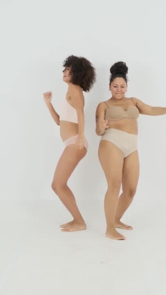 Static Shot Diverse Women Underwear Different Body Types Smiling Dancing — Stock Video