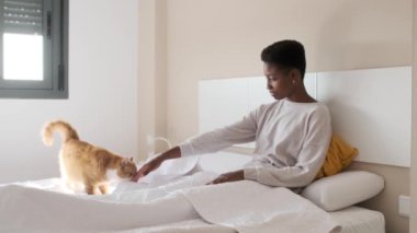 Yatakta kedi okşayan siyah bir kadının yavaş çekim videosu.