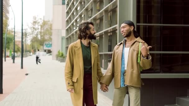 Lambat Gerak Video Dingin Pasangan Multietnis Gay Berpegangan Tangan Sambil — Stok Video