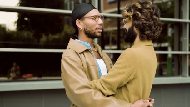 Rallentatore Video Tranquillo Scena Tenero Multiculturale Gay Coppia Abbracciato Mentre — Video Stock