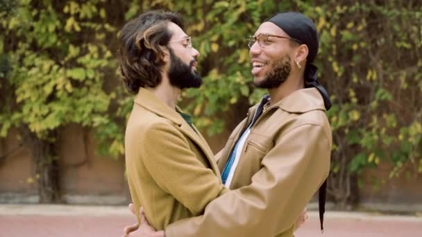 Vídeo Câmera Lenta Com Viajar Torno Casal Gay Multicultural Abraçando — Vídeo de Stock